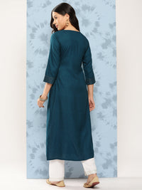 Thumbnail for Wahe-NOOR Women Teal Blue Embroidered Yoke Desgin Straight Kurta - Distacart