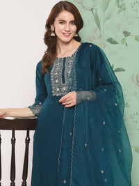 Thumbnail for NOZ2TOZ Women Teal Blue Embroidered Straight Kurta And Trouser With Organza Dupatta - Distacart