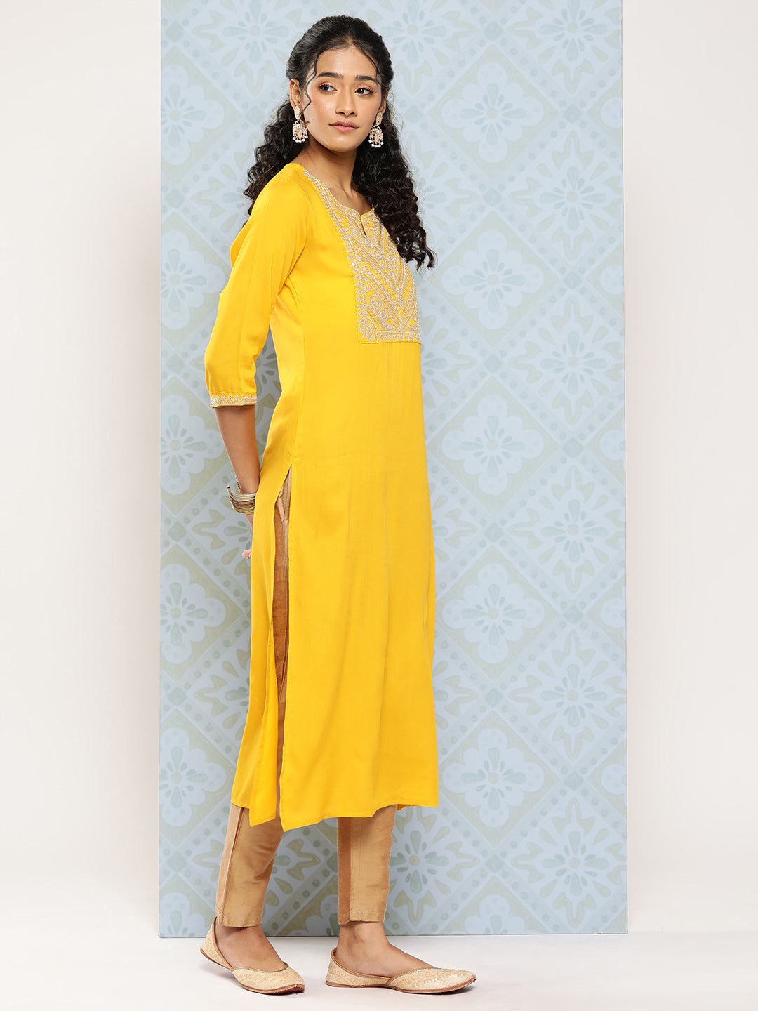 Wahe-NOOR Women Yellow Embroidered Yoke Desgin Straight Kurta - Distacart