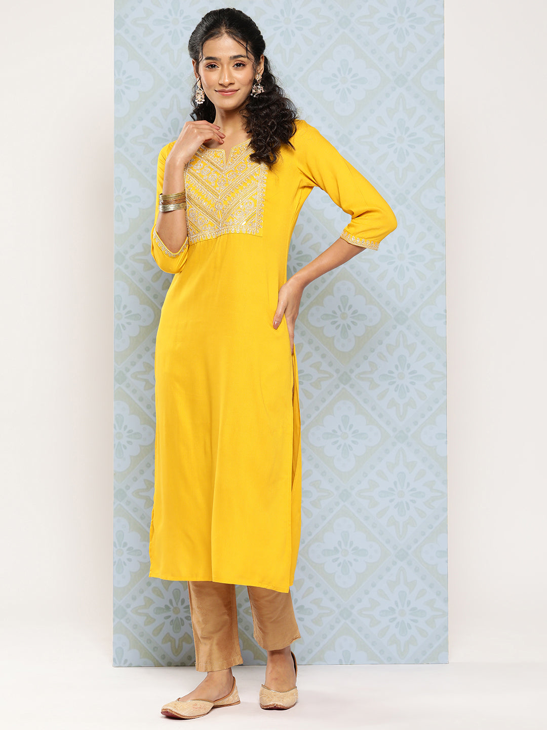 NOZ2TOZ Women Yellow Embroidered Yoke Desgin Straight Kurta - Distacart
