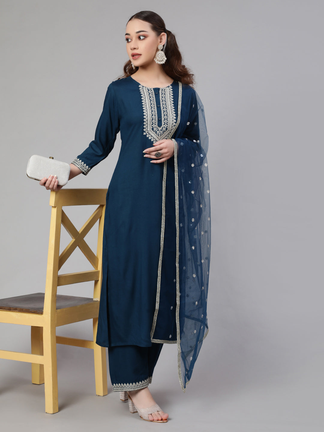 NOZ2TOZ Women Teal Blue Embroidered Straight Kurta With Palazzo And Net Dupatta - Distacart