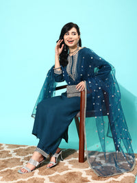 Thumbnail for NOZ2TOZ Women Teal Blue Embroidered Straight Kurta With Palazzo And Net Dupatta - Distacart