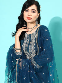 Thumbnail for NOZ2TOZ Women Teal Blue Embroidered Straight Kurta With Palazzo And Net Dupatta - Distacart