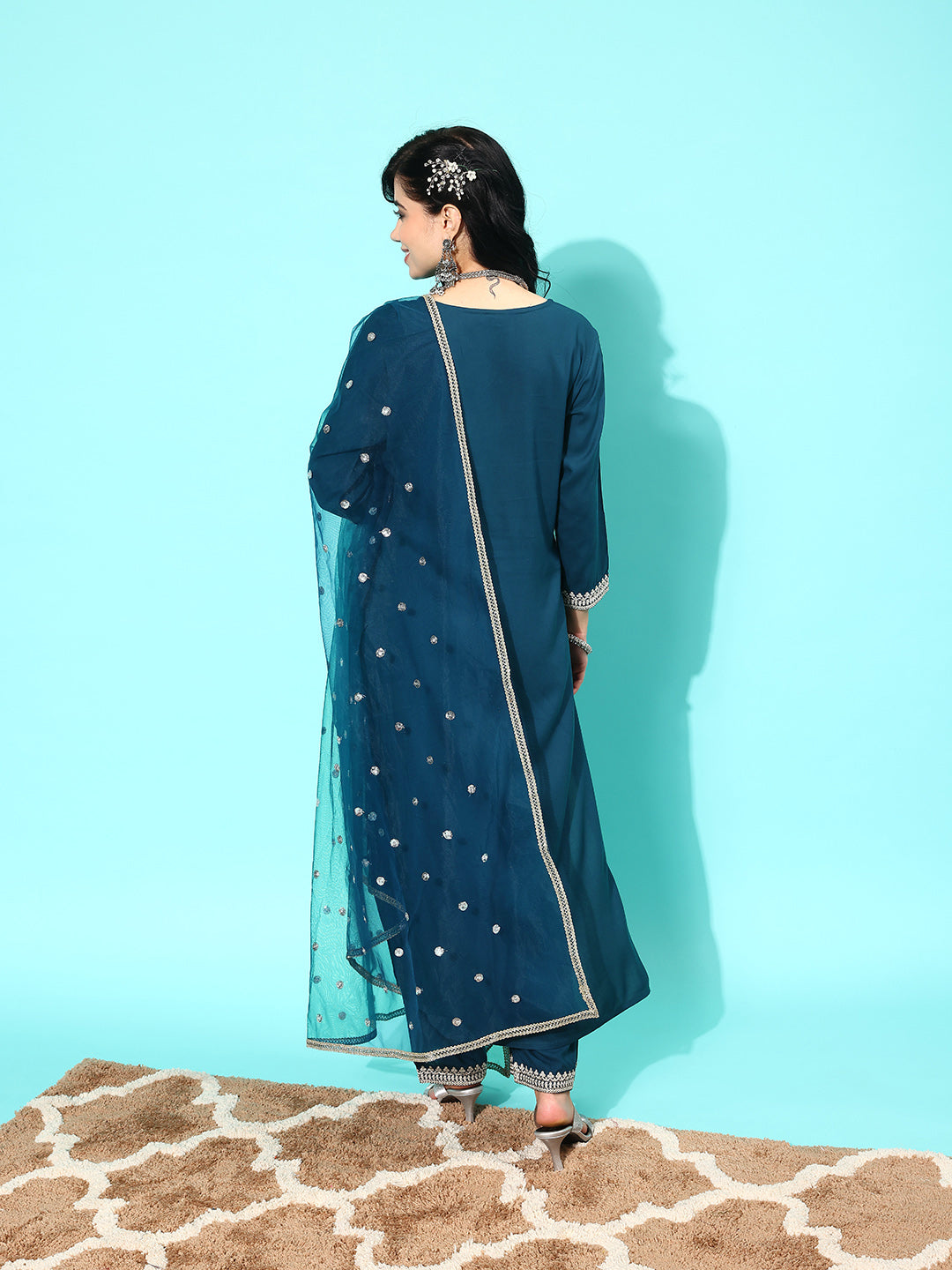 NOZ2TOZ Women Teal Blue Embroidered Straight Kurta With Palazzo And Net Dupatta - Distacart