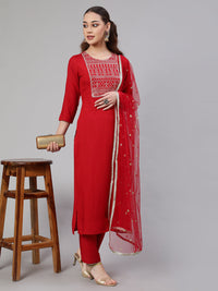 Thumbnail for NOZ2TOZ Women Red Embroidered Straight Kurta With Palazzo And Net Dupatta - Distacart