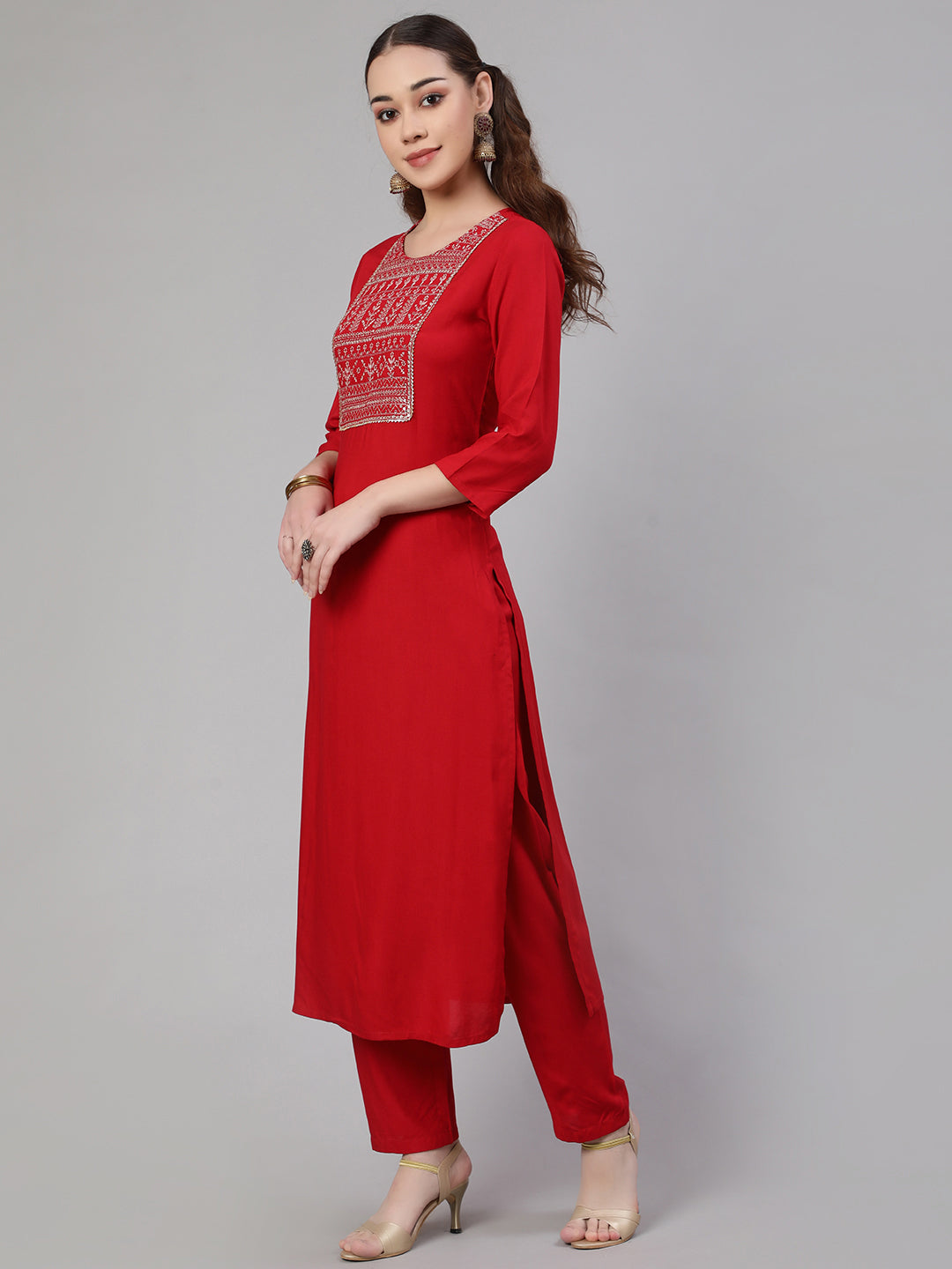 NOZ2TOZ Women Red Embroidered Straight Kurta With Palazzo And Net Dupatta - Distacart