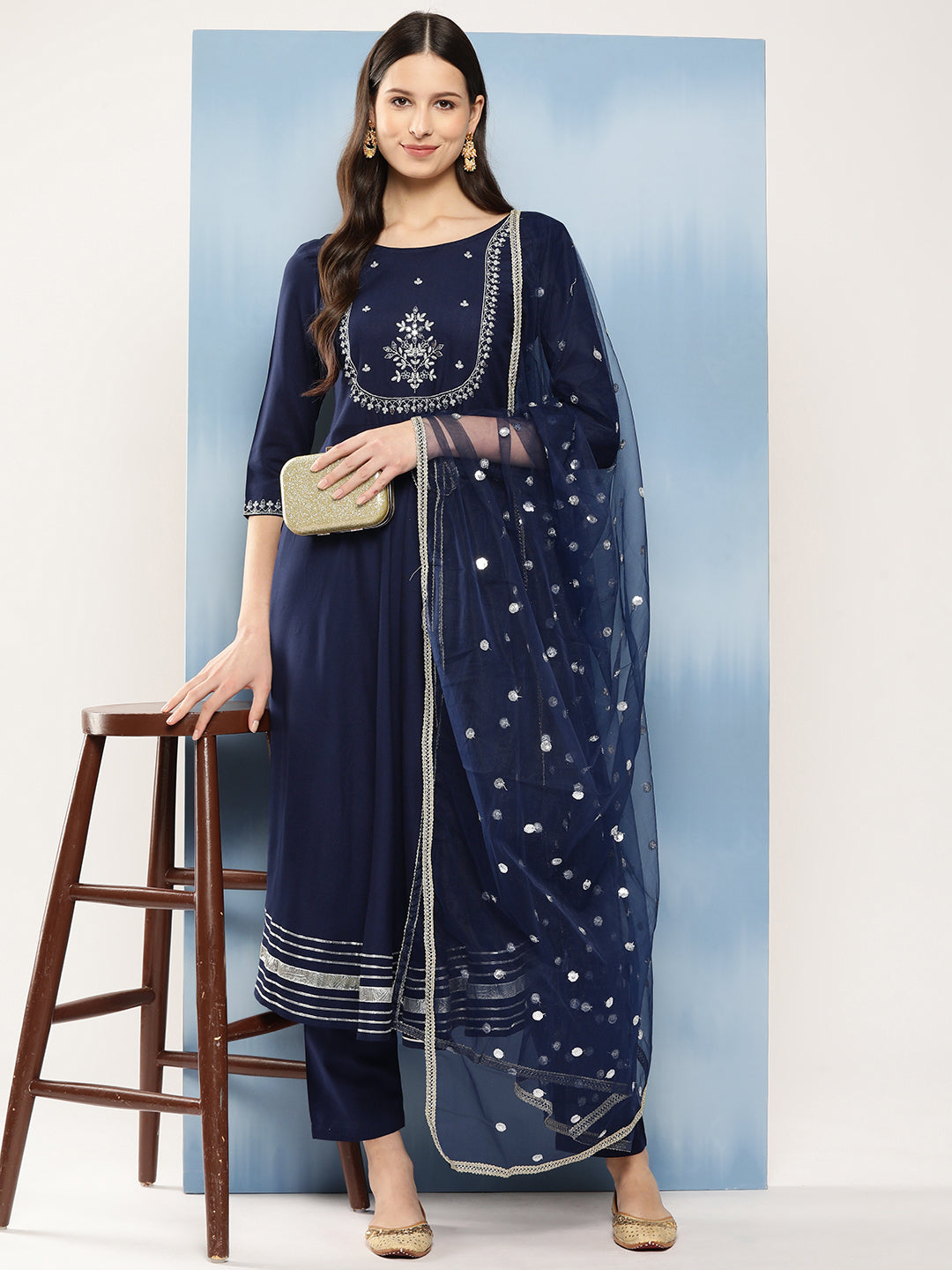 Navy Blue Floral Printed With Embroidered Rayon Kurti Pant Set With Du