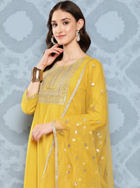 Thumbnail for NOZ2TOZ Women Yellow Embroidered Straight Kurta With Palazzo And Net Dupatta - Distacart