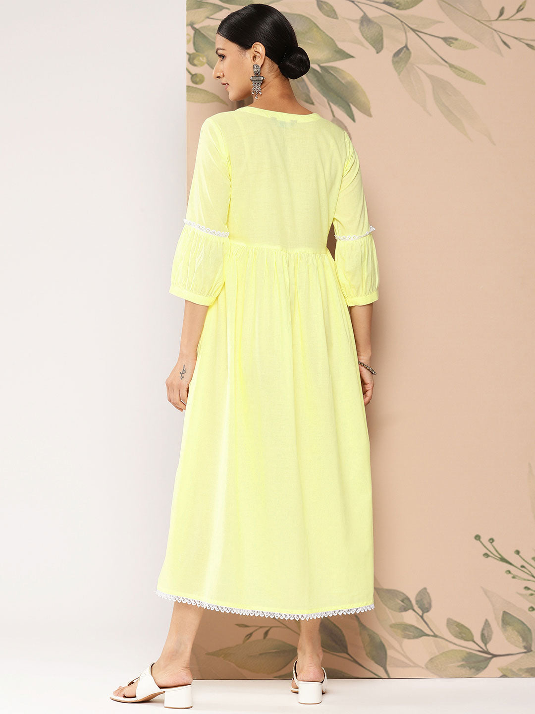 NOZ2TOZ Women Yellow Embroidered Flared Dress With Three Quarter Sleeves - Distacart