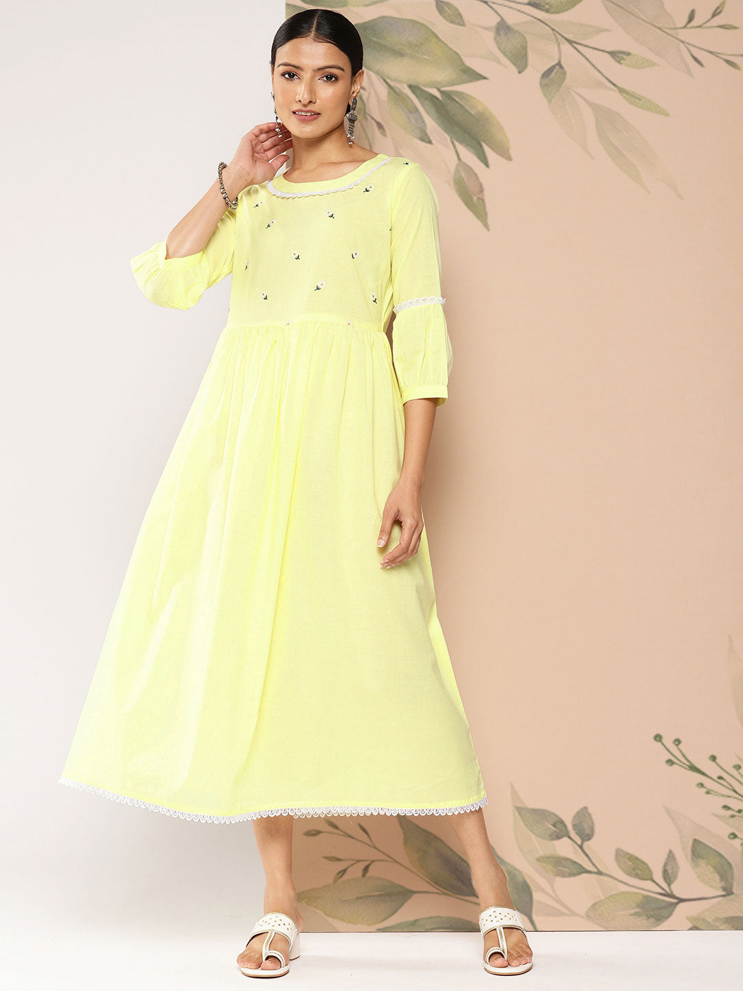 NOZ2TOZ Women Yellow Embroidered Flared Dress With Three Quarter Sleeves - Distacart