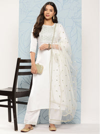 Thumbnail for NOZ2TOZ Women White Embroidered Straight Kurta With Palazzo And Net Dupatta - Distacart