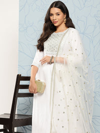 Thumbnail for NOZ2TOZ Women White Embroidered Straight Kurta With Palazzo And Net Dupatta - Distacart