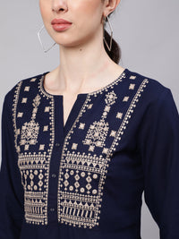 Thumbnail for Wahe-NOOR Women Navy Blue Embroidered Straight Tunic - Distacart