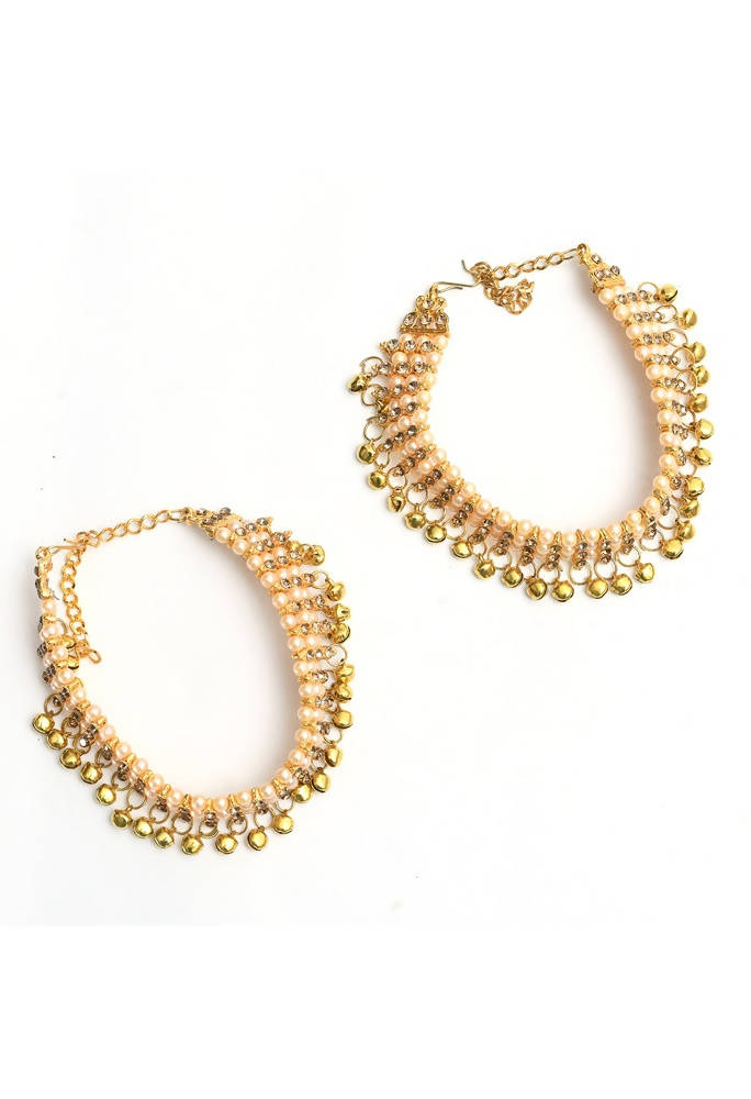 Mominos Fashion Kamal Johar Gold-Plated Pearls Anklets With Muvvas