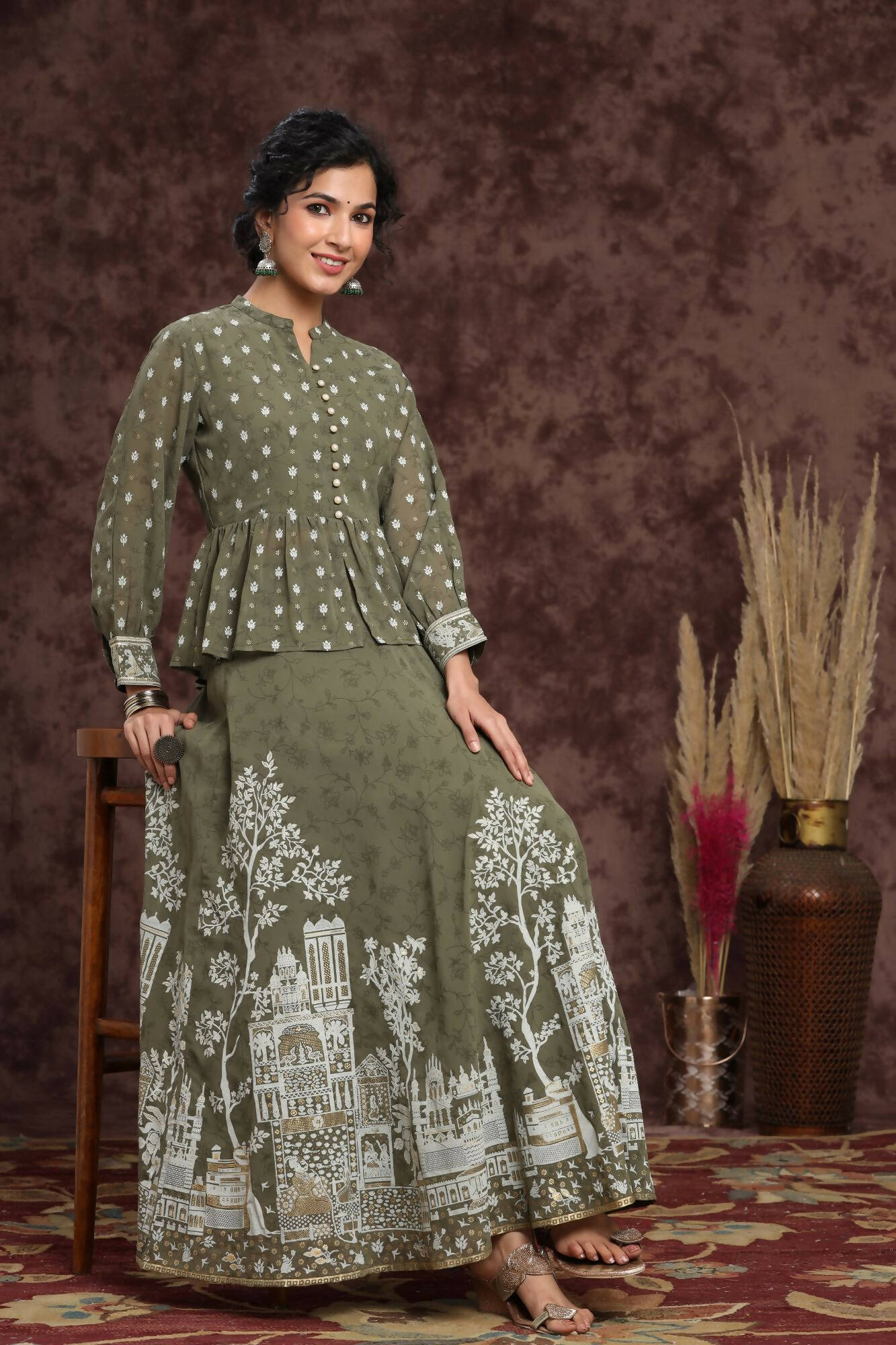 Juniper Women Olive Georgette Printed Flared Lehenga Choli Sets - Distacart