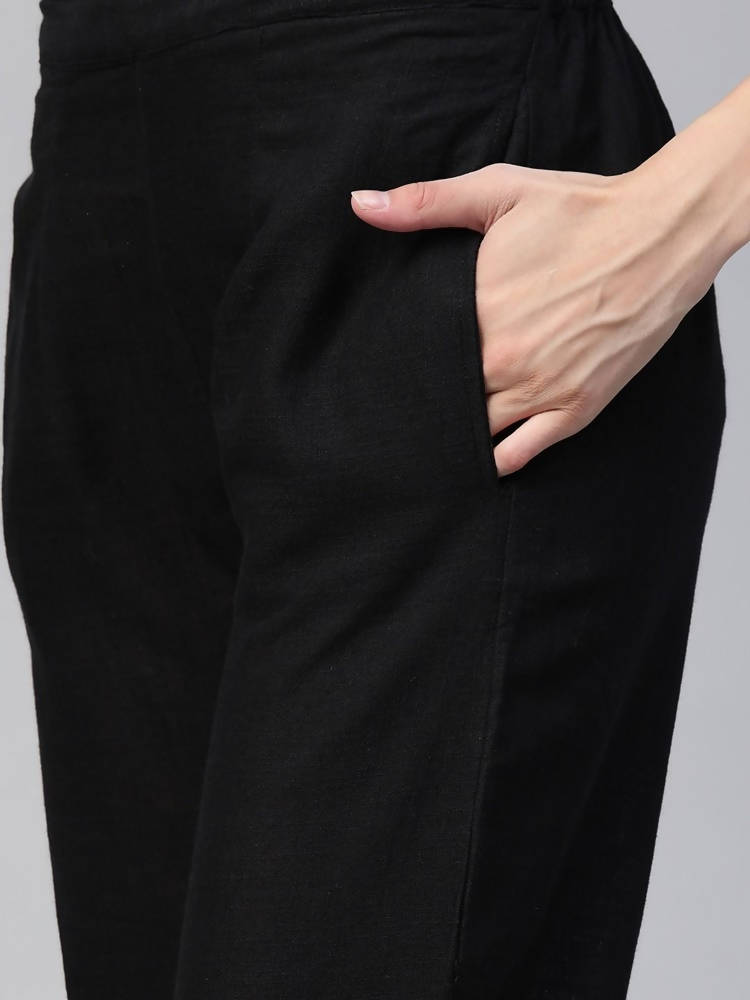 Yufta Women Mustard Yellow & Black Ethnic Motifs Printed Pure Cotton Kurta with Trouser