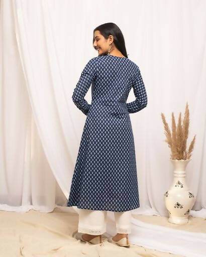 FIORRA Women's Floral Printed Navy Blue Cotton A-Line Kurta - Distacart