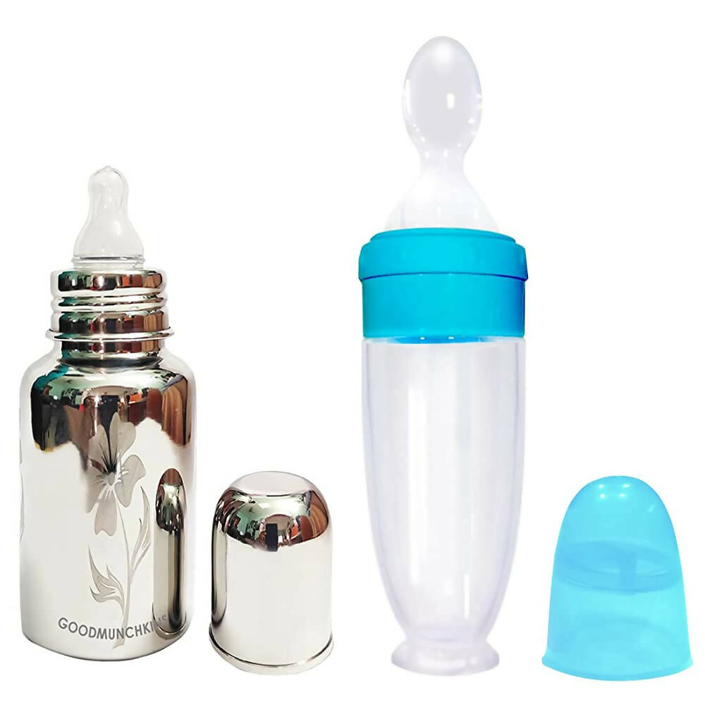 Goodmunchkins Stainless Steel Feeding Bottle 304 Grade Jointless & Spoon Food Feeder for Baby Nipple Feeder 220 ml Combo Pack-Blue - Distacart
