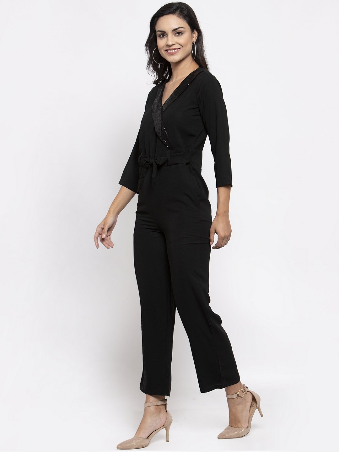 Jompers Women Black Solid Jumpsuit with sequence on neck - Distacart