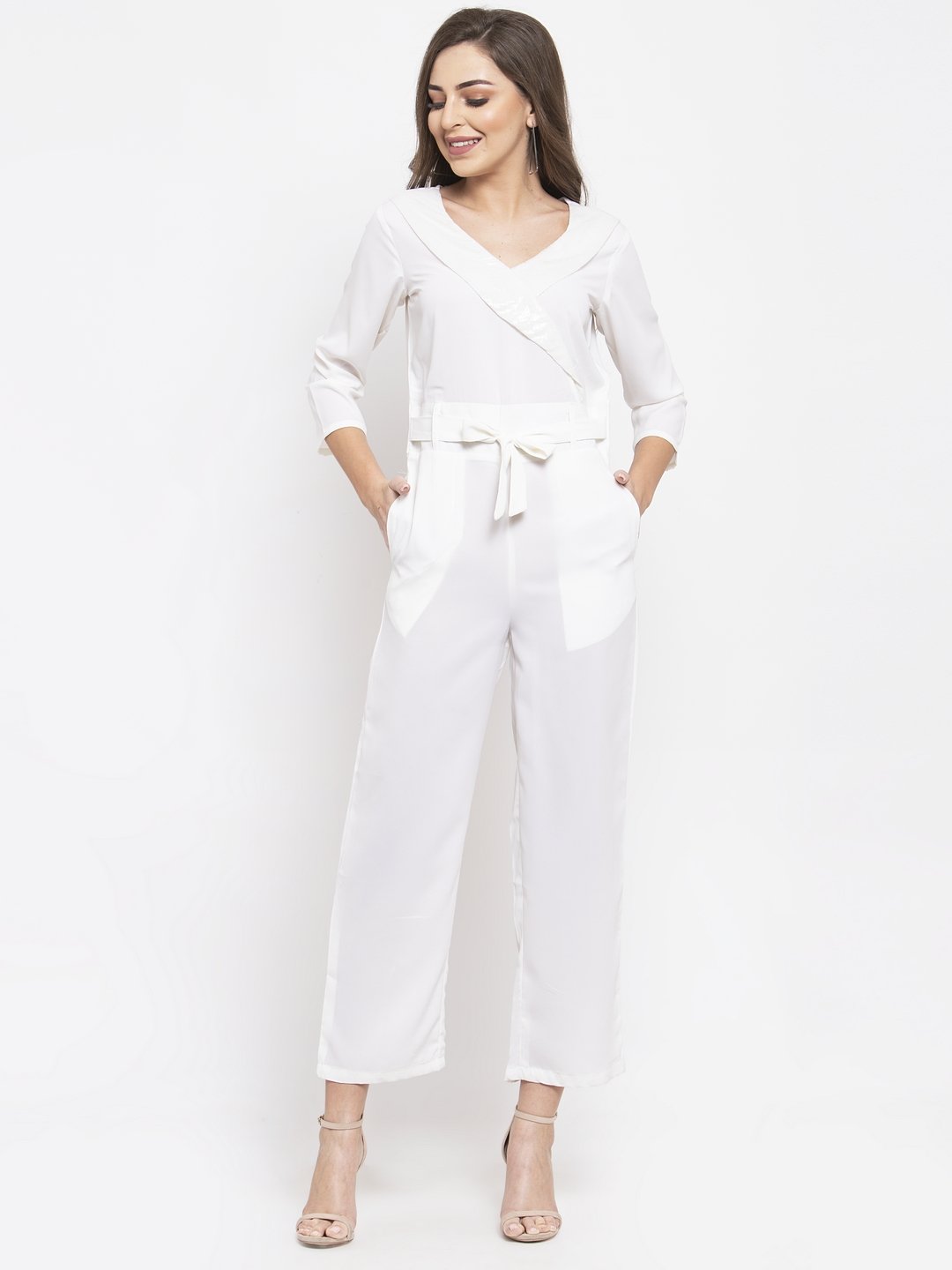 Jompers Women White Solid Jumpsuit with sequence on neck - Distacart