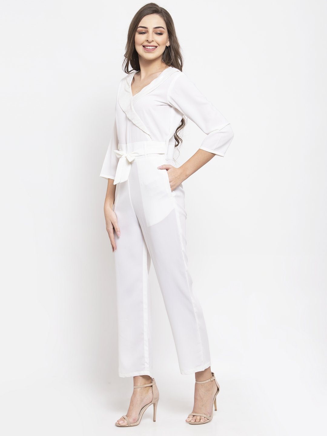 Jompers Women White Solid Jumpsuit with sequence on neck - Distacart