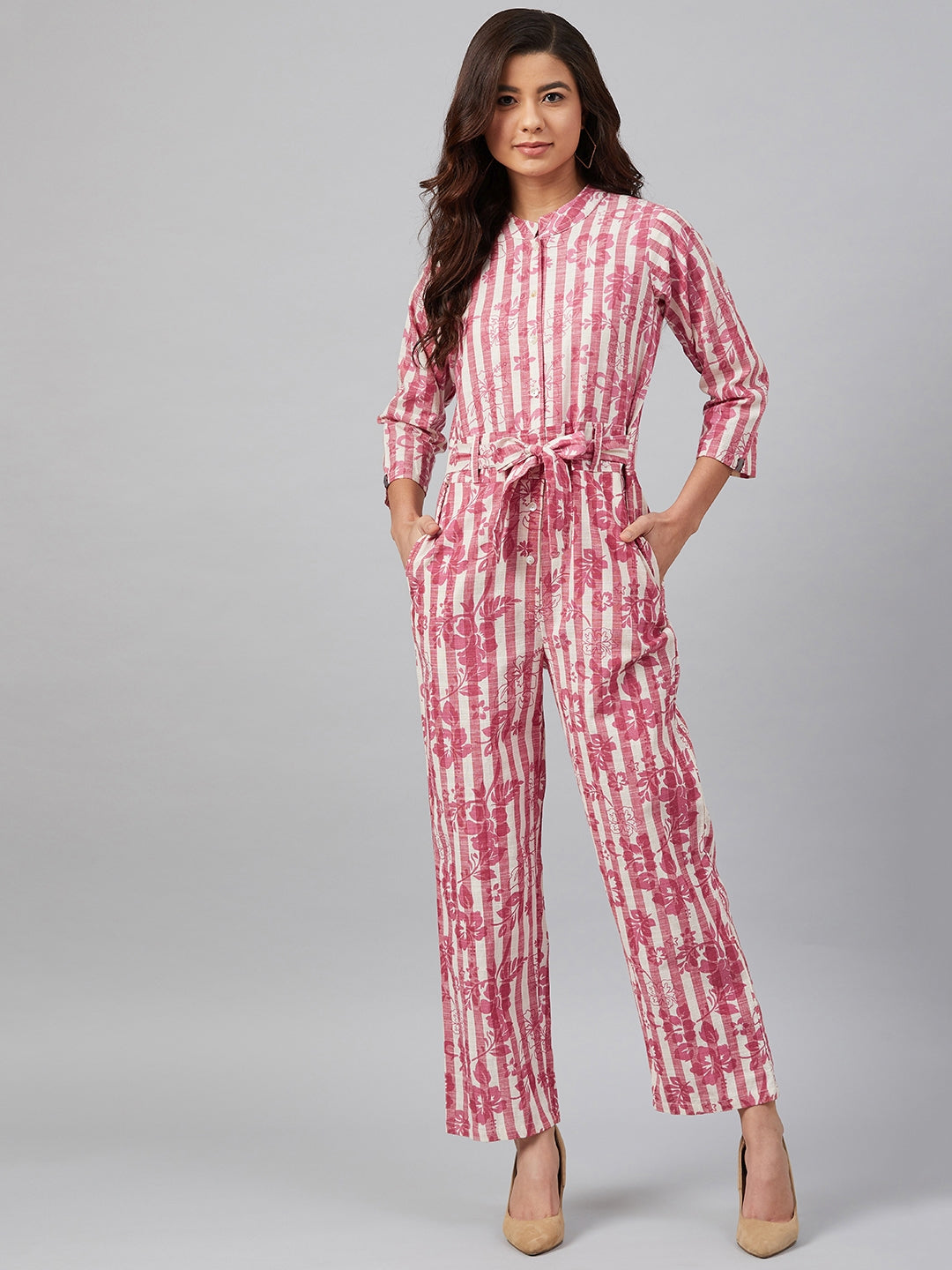 Jompers Women Off-White & Pink Striped Mandarin Collar Basic Jumpsuit - Distacart