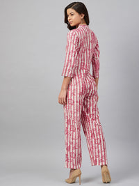 Thumbnail for Jompers Women Off-White & Pink Striped Mandarin Collar Basic Jumpsuit - Distacart