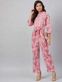 Thumbnail for Jompers Women Off-White & Pink Striped Mandarin Collar Basic Jumpsuit - Distacart