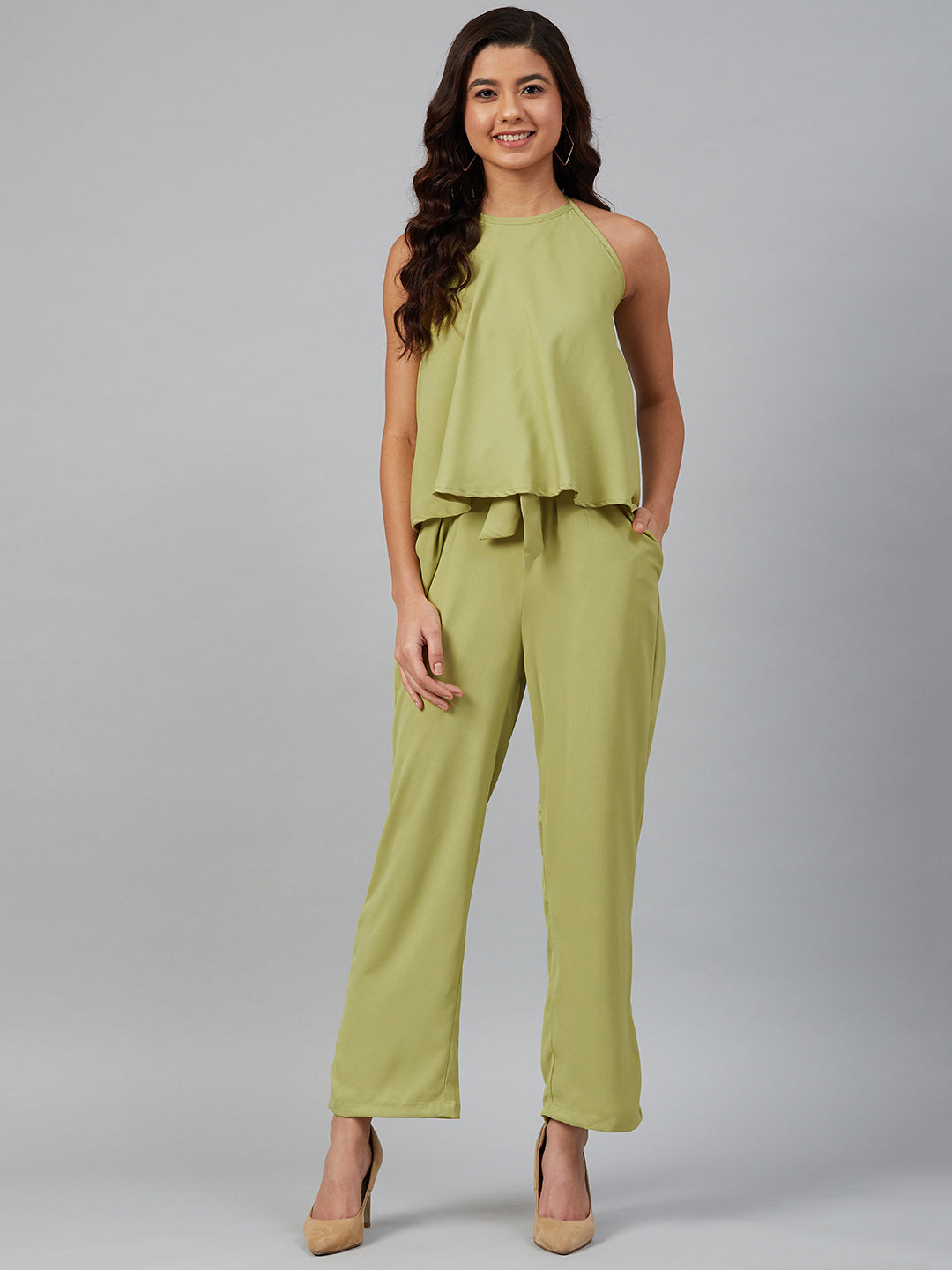 Jompers Women Green-Coloured Solid Halter Neck Basic Jumpsuit - Distacart