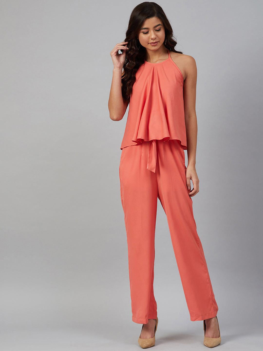 Jompers Women Peach-Coloured Solid Halter Neck Basic Jumpsuit - Distacart