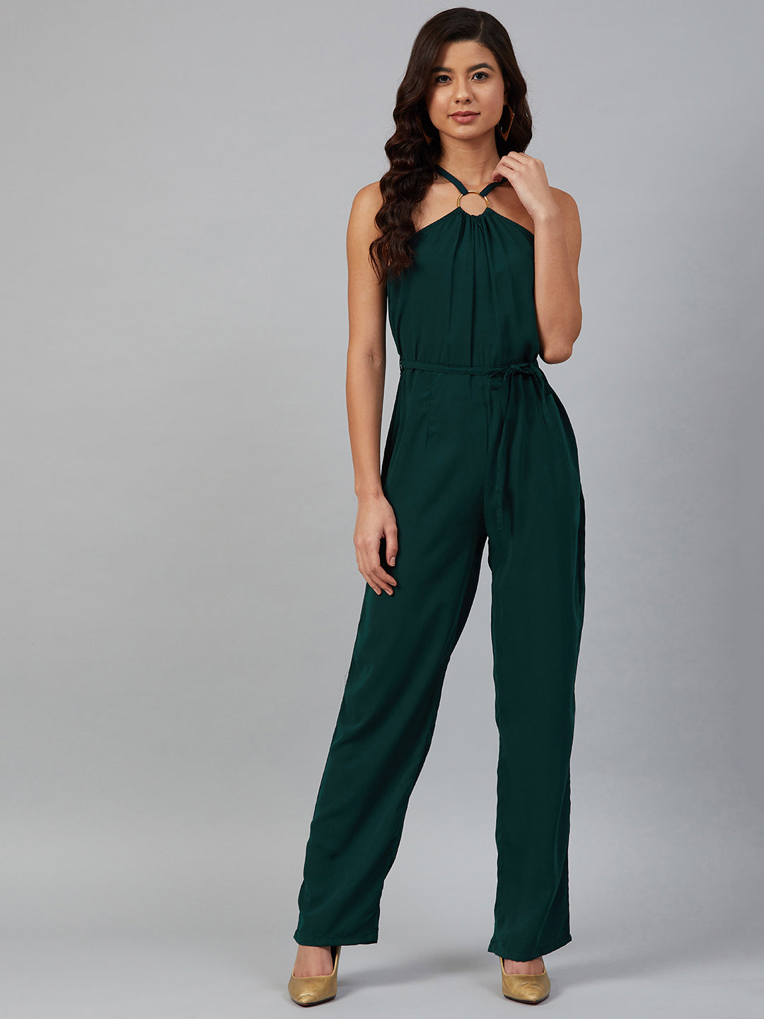Jompers Women Green Solid Basic Halter Neck Basic Jumpsuit - Distacart