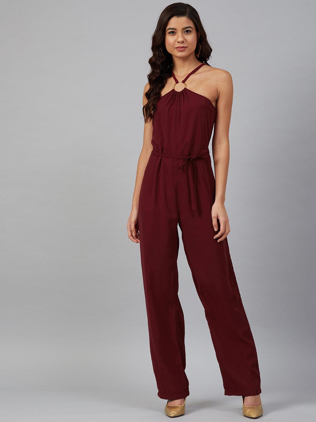 Jompers Women Maroon Solid Basic Halter Neck Basic Jumpsuit - Distacart