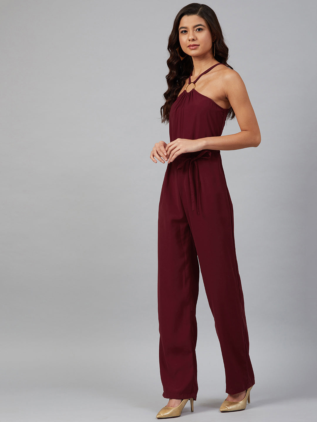 Jompers Women Maroon Solid Basic Halter Neck Basic Jumpsuit - Distacart