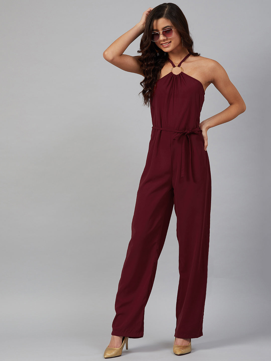Jompers Women Maroon Solid Basic Halter Neck Basic Jumpsuit - Distacart