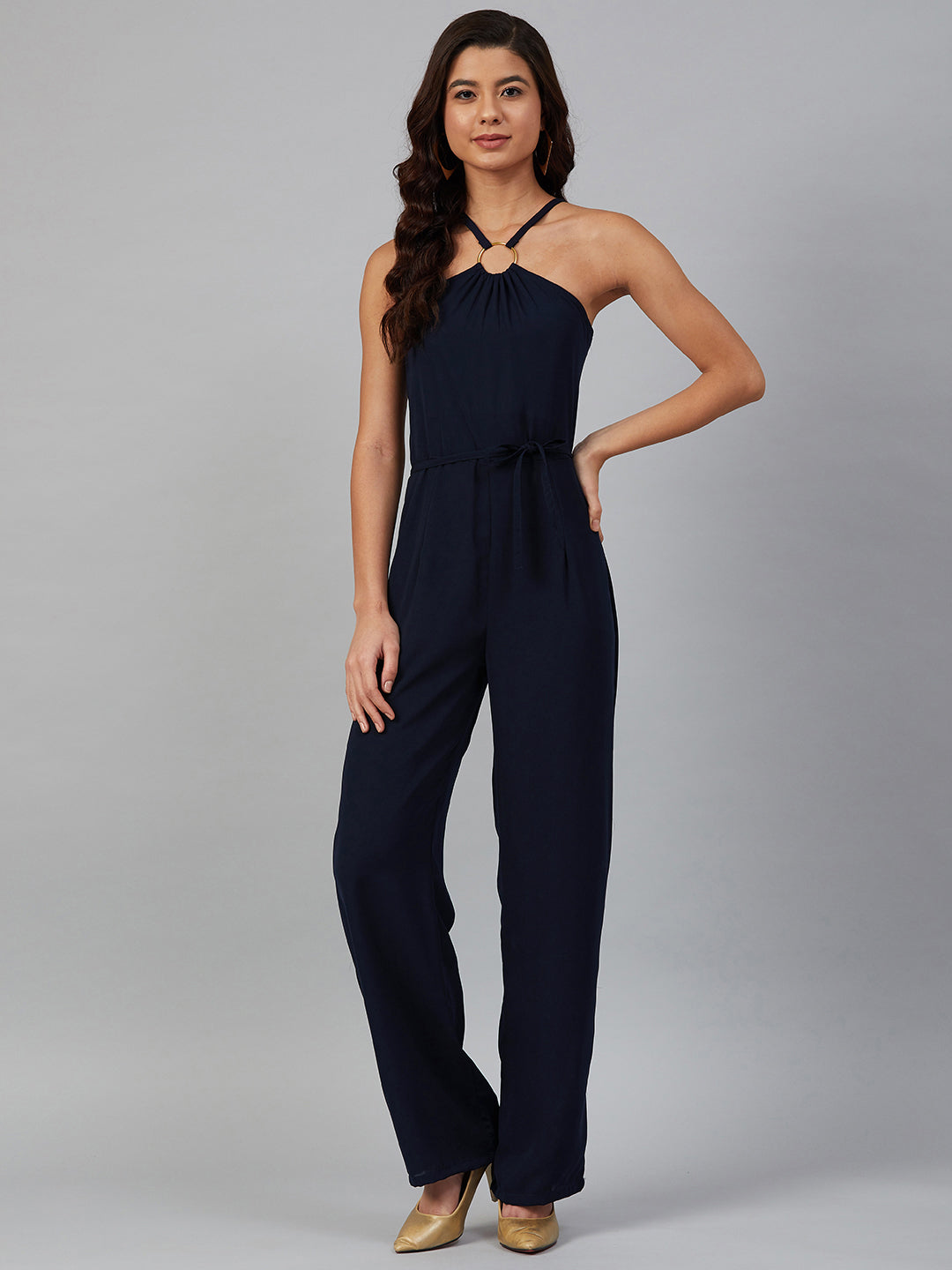 Jompers Women Navy Blue Solid Basic Halter Neck Basic Jumpsuit - Distacart