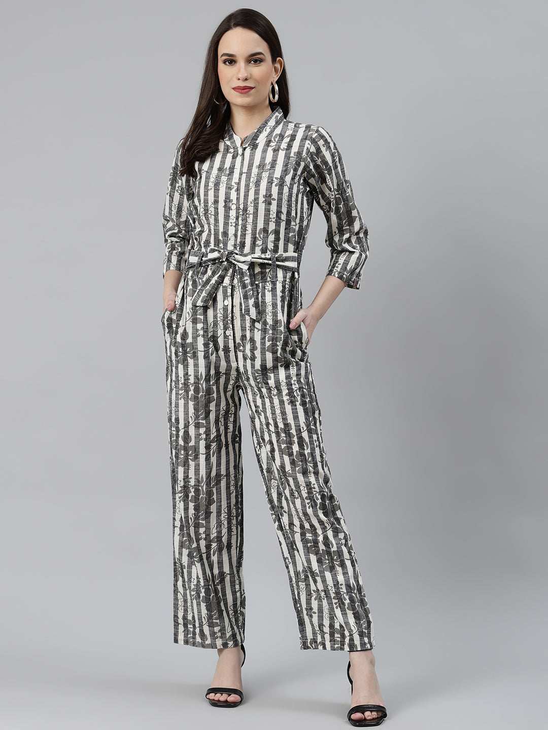 Jompers Women Off-White & Grey Striped Mandarin Collar Basic Jumpsuit - Distacart