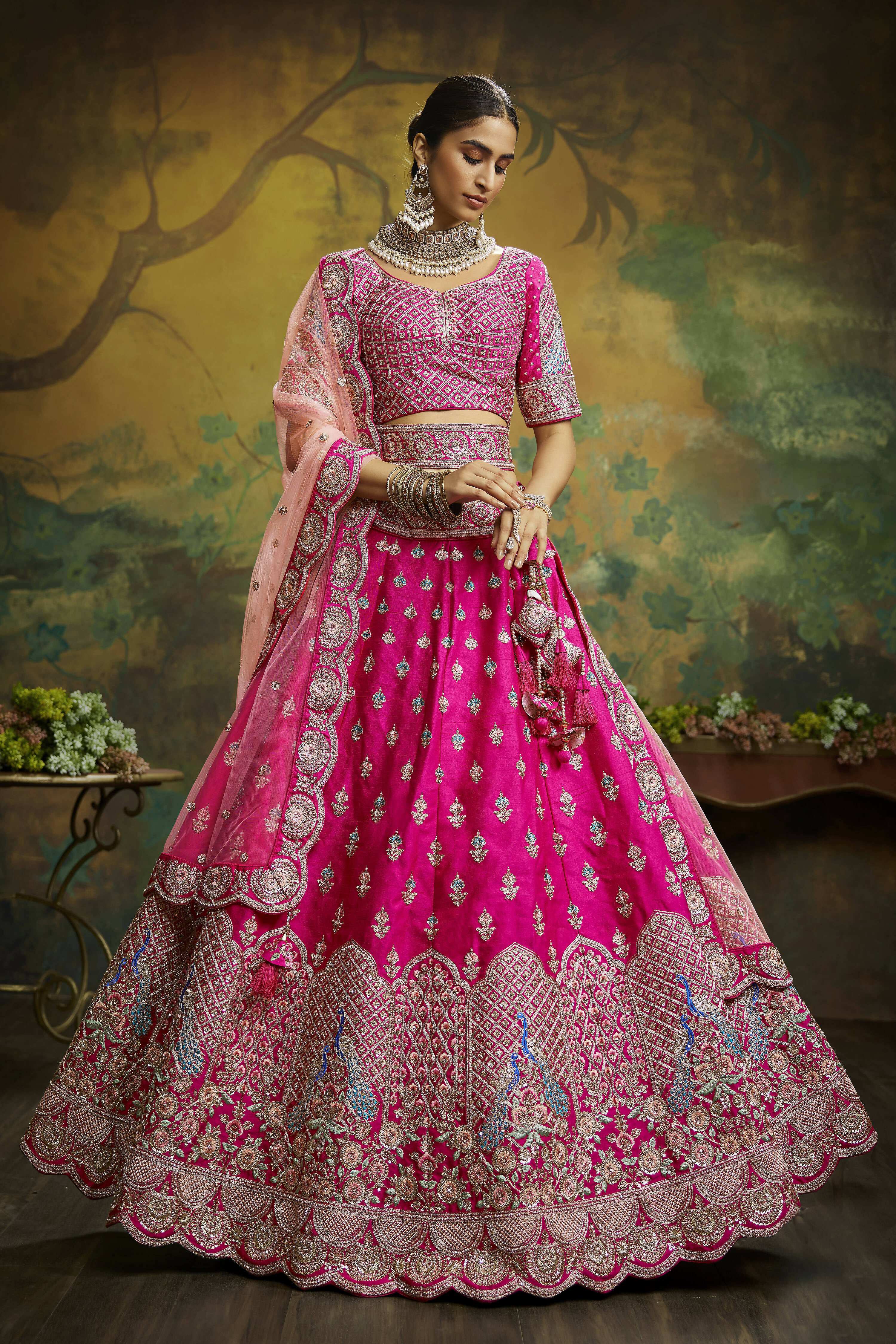 House of Panchhi Pink Pure Silk Moti & Zarkan heavy embroidery Lehenga choli & Dupatta - Distacart
