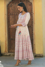 Thumbnail for Juniper Women's Pink Viscose Shantoon Festive Printed Flared Dress - Distacart