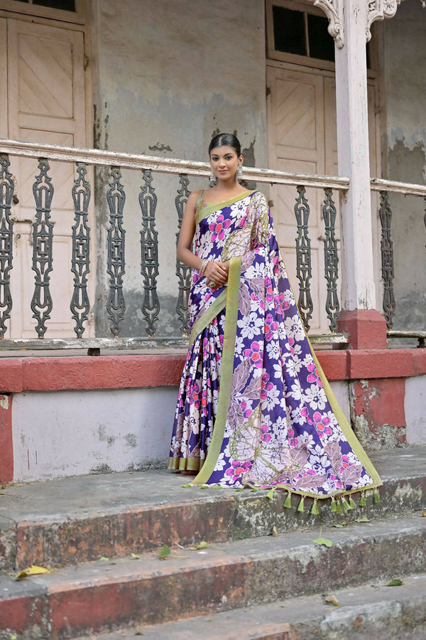 Vishnu Weaves Women's Navy-Blue Cotton Silk Printed Saree with Blouse - Distacart