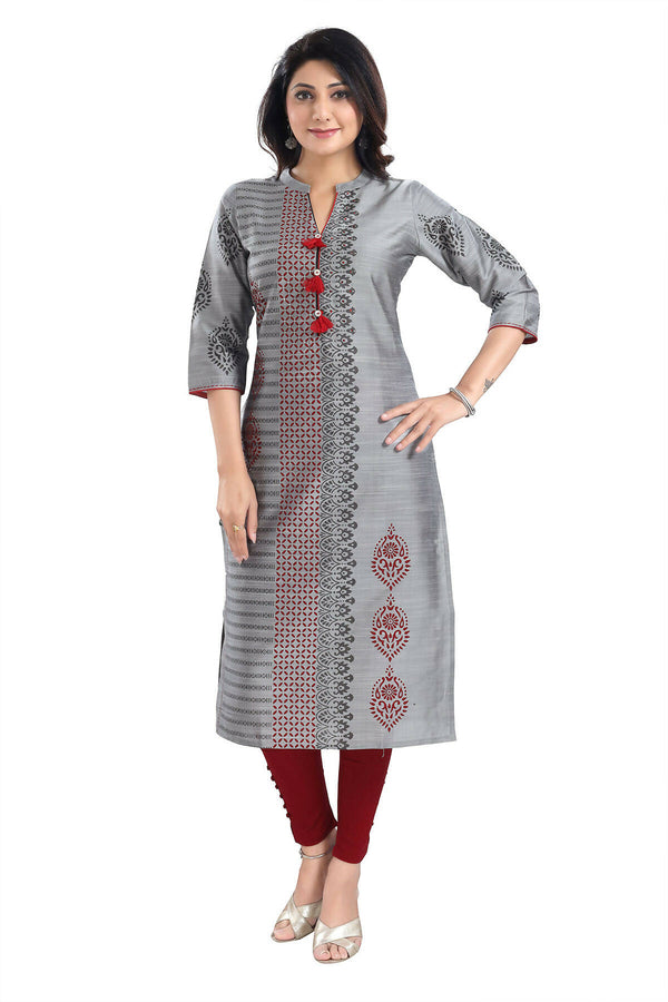 Snehal Creations Grey Raw Silk Block Print Long Kurta For Women - Distacart