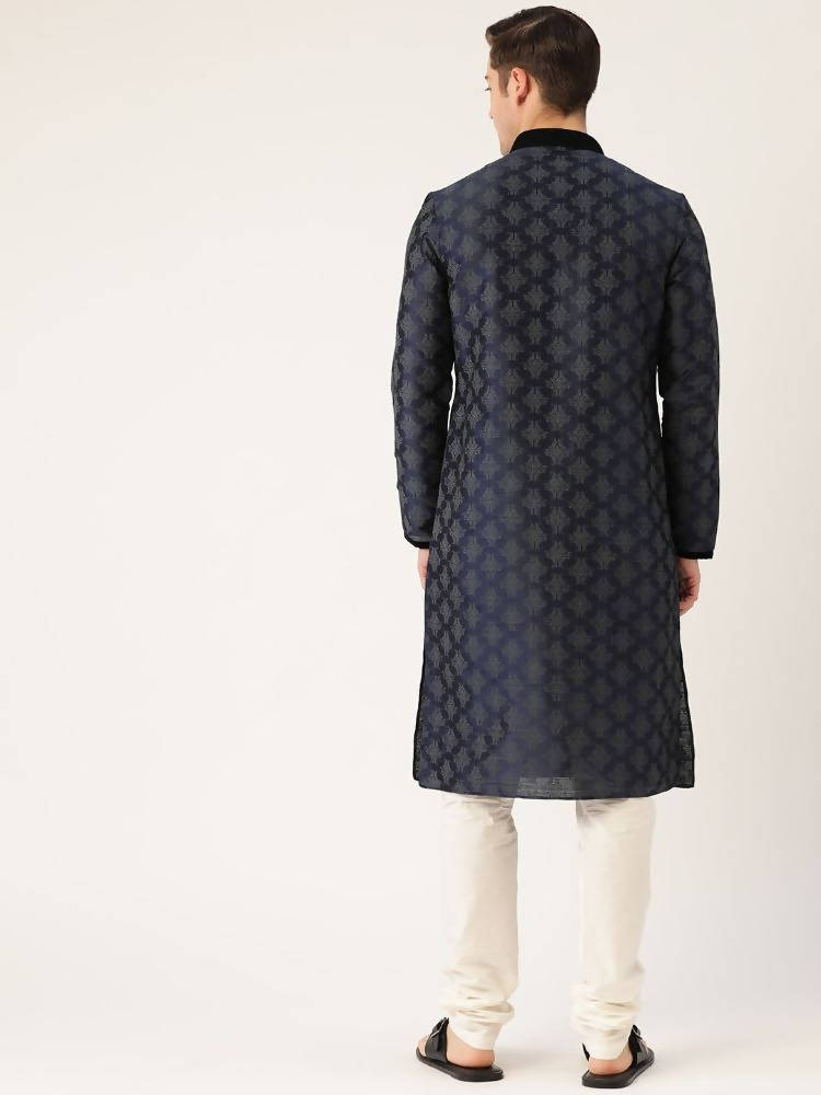 Manyavar Men Navy Blue & Off-White Printed Kurta with Churidar - Distacart