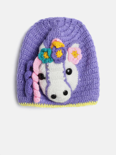 Chutput Kids Woollen Hand Knitted Unicorn Detailed Cap - Purple - Distacart