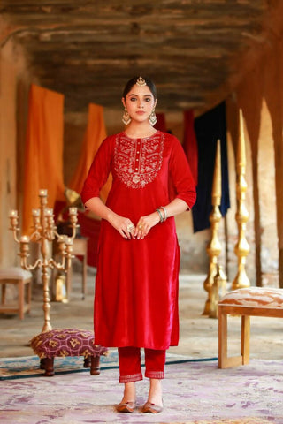 Juniper Women Fuchsia Velvet Embroidered Straight Kurta Sets - Distacart