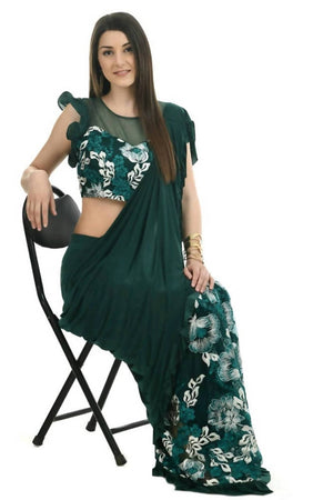 All Season Wear Bottle Green And White Thread Embroidered Ruffled Ready To Wear Saree