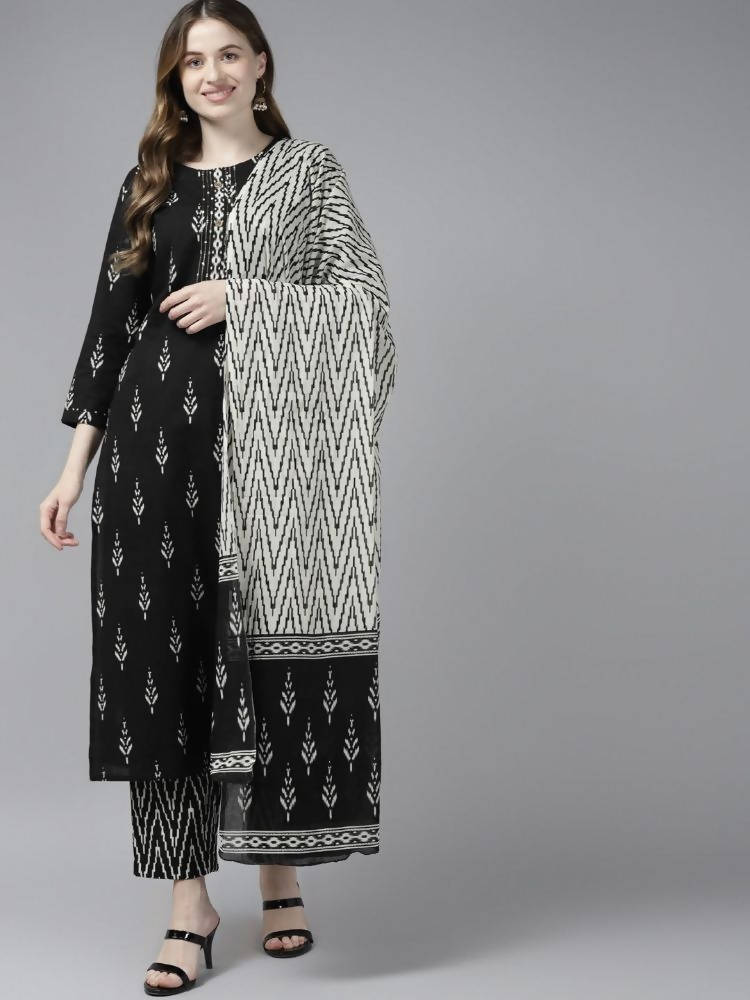 Yufta Women Black Ikat Printed Pure Cotton Kurta with Palazzo and Dupatta