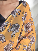Thumbnail for Yellow Georgette Animal Printed Saree With Unstitched Blouse Piece - Rajal - Distacart