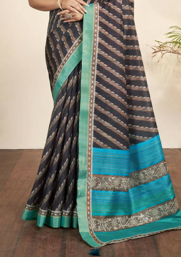 Navy Blue Bhagalpuri Silk Stripe printed with Stone Work & Hand Work Saree - Norita Nirvi - Distacart