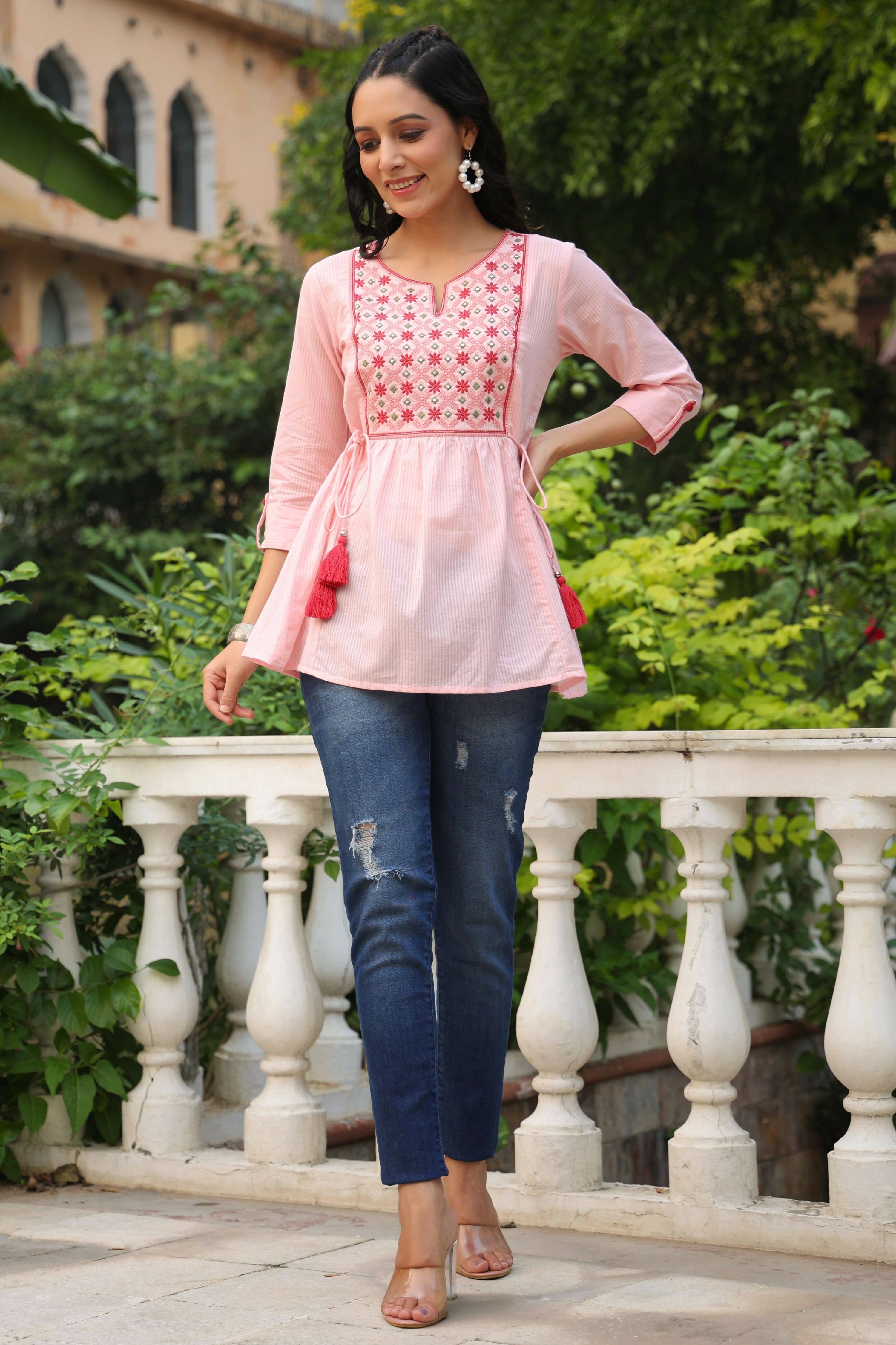 Juniper Women's Peach Cotton Dobby Solid Embroidered Straight Tunic - Distacart