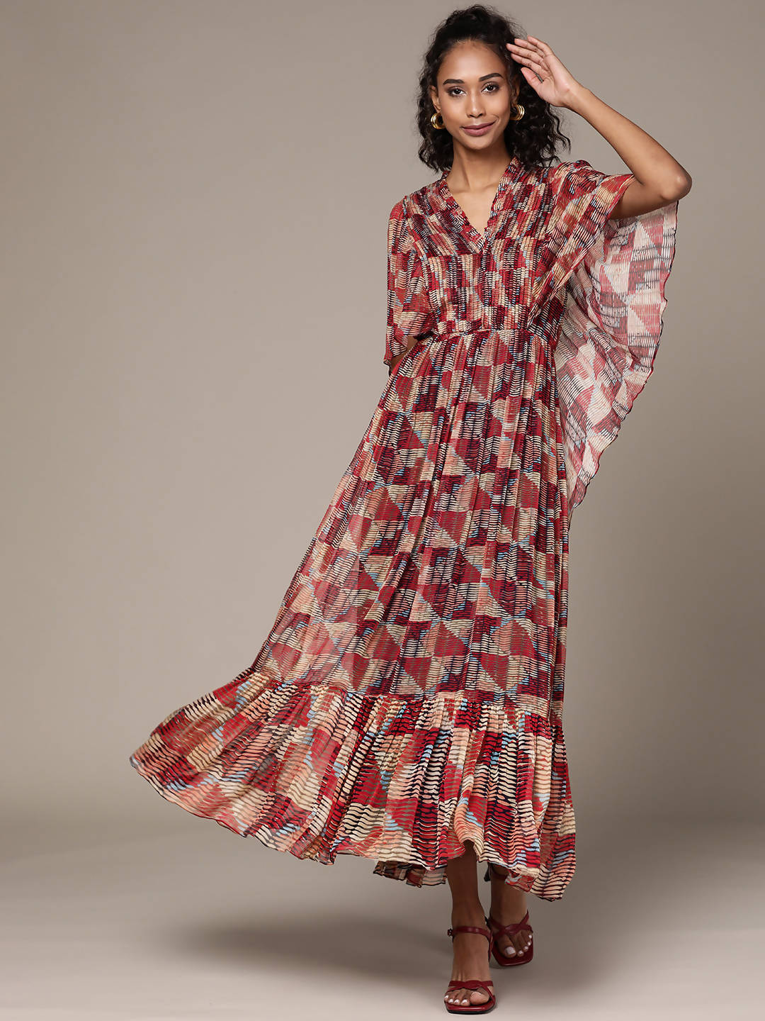 Ritu Kumar Women Red & Beige Geometric Printed Ruffle Detail A-Line Maxi Dress - Distacart