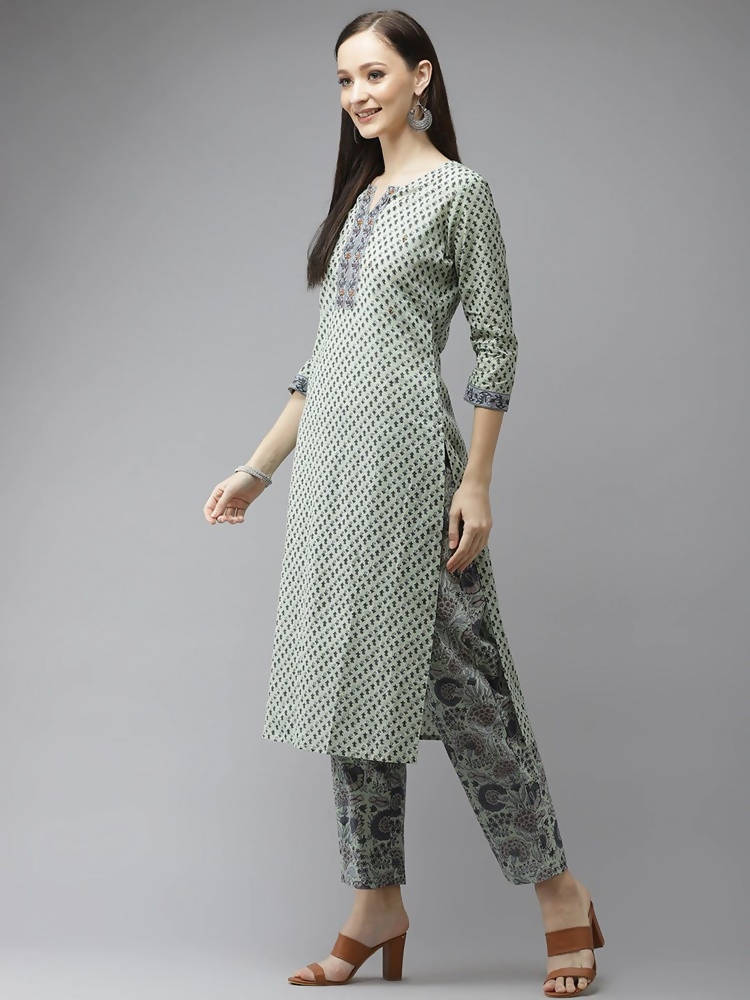 Yufta Green and off-white yoke design Kurta with Palazzo with Dupatta Set